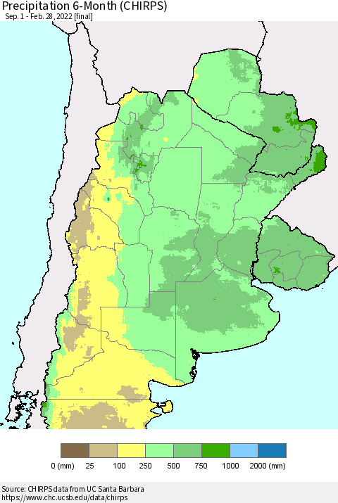 Southern South America Precipitation 6-Month (CHIRPS) Thematic Map For 9/1/2021 - 2/28/2022