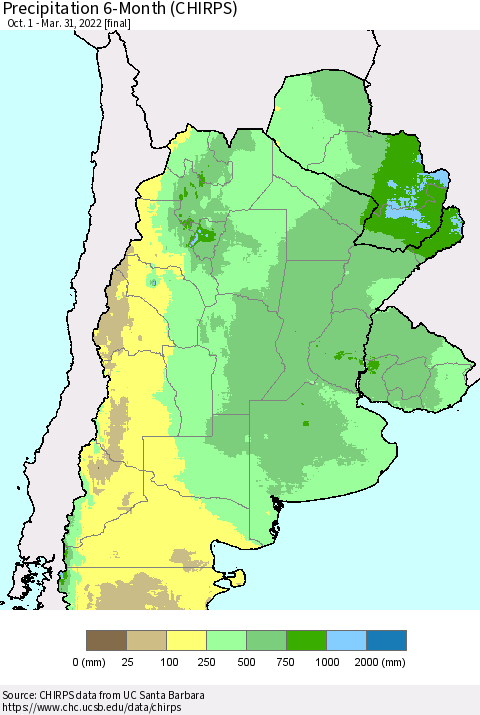 Southern South America Precipitation 6-Month (CHIRPS) Thematic Map For 10/1/2021 - 3/31/2022