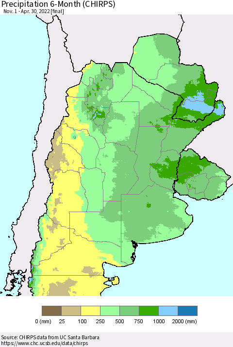 Southern South America Precipitation 6-Month (CHIRPS) Thematic Map For 11/1/2021 - 4/30/2022