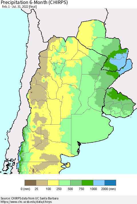 Southern South America Precipitation 6-Month (CHIRPS) Thematic Map For 2/1/2022 - 7/31/2022