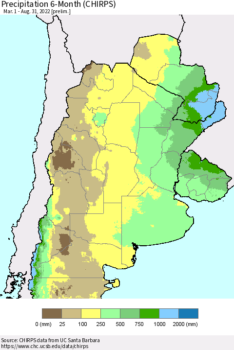 Southern South America Precipitation 6-Month (CHIRPS) Thematic Map For 3/1/2022 - 8/31/2022