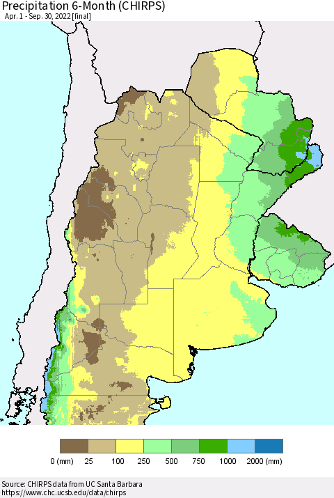 Southern South America Precipitation 6-Month (CHIRPS) Thematic Map For 4/1/2022 - 9/30/2022