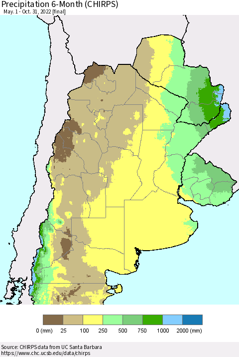 Southern South America Precipitation 6-Month (CHIRPS) Thematic Map For 5/1/2022 - 10/31/2022
