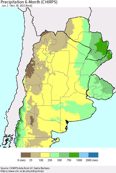 Southern South America Precipitation 6-Month (CHIRPS) Thematic Map For 6/1/2022 - 11/30/2022