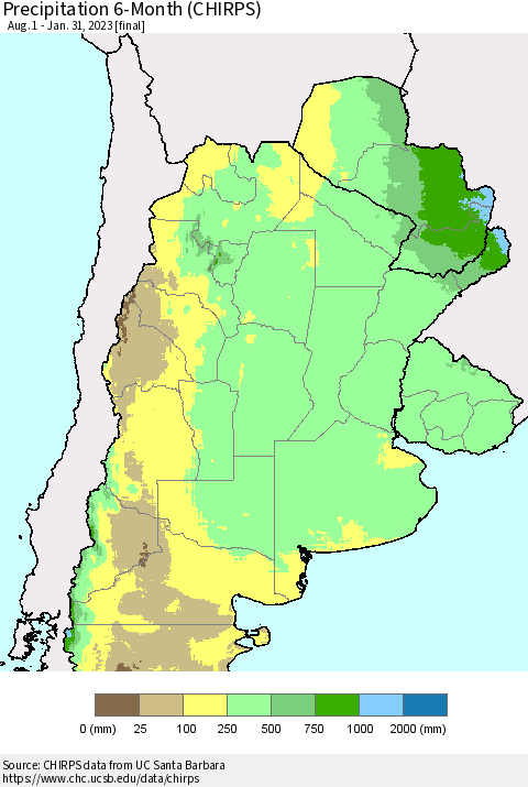 Southern South America Precipitation 6-Month (CHIRPS) Thematic Map For 8/1/2022 - 1/31/2023