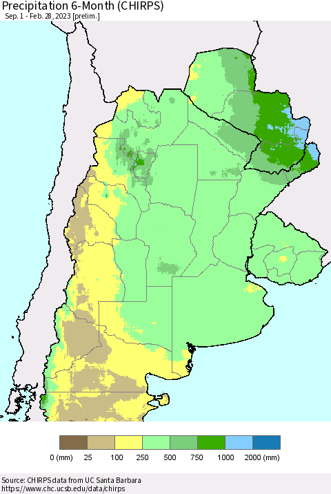 Southern South America Precipitation 6-Month (CHIRPS) Thematic Map For 9/1/2022 - 2/28/2023