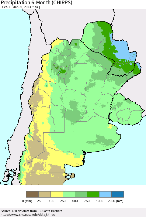 Southern South America Precipitation 6-Month (CHIRPS) Thematic Map For 10/1/2022 - 3/31/2023