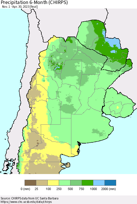 Southern South America Precipitation 6-Month (CHIRPS) Thematic Map For 11/1/2022 - 4/30/2023