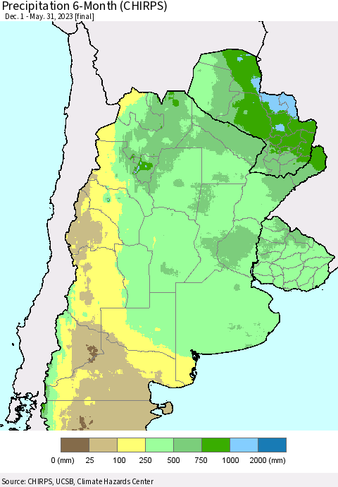 Southern South America Precipitation 6-Month (CHIRPS) Thematic Map For 12/1/2022 - 5/31/2023