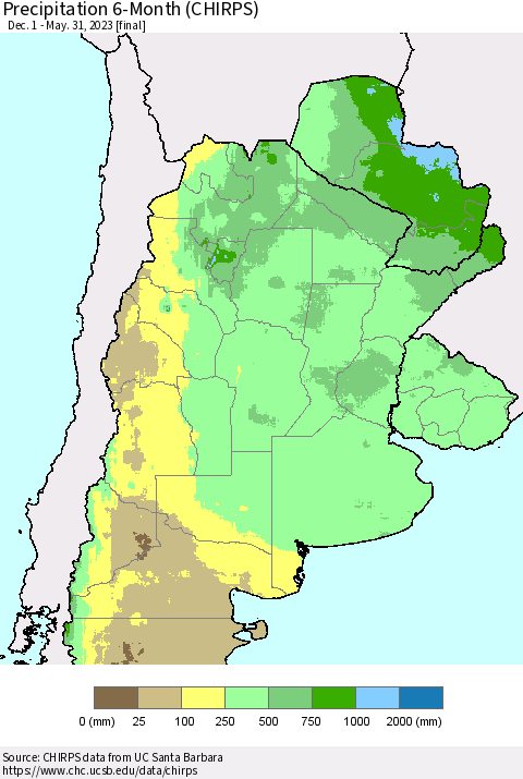 Southern South America Precipitation 6-Month (CHIRPS) Thematic Map For 12/1/2022 - 5/31/2023