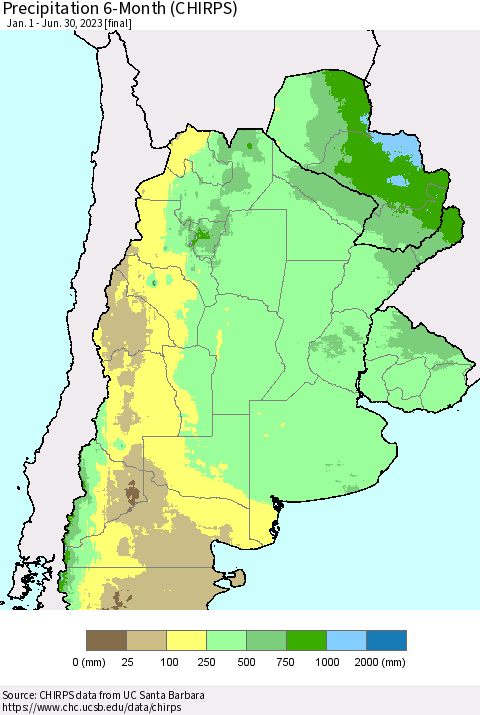 Southern South America Precipitation 6-Month (CHIRPS) Thematic Map For 1/1/2023 - 6/30/2023