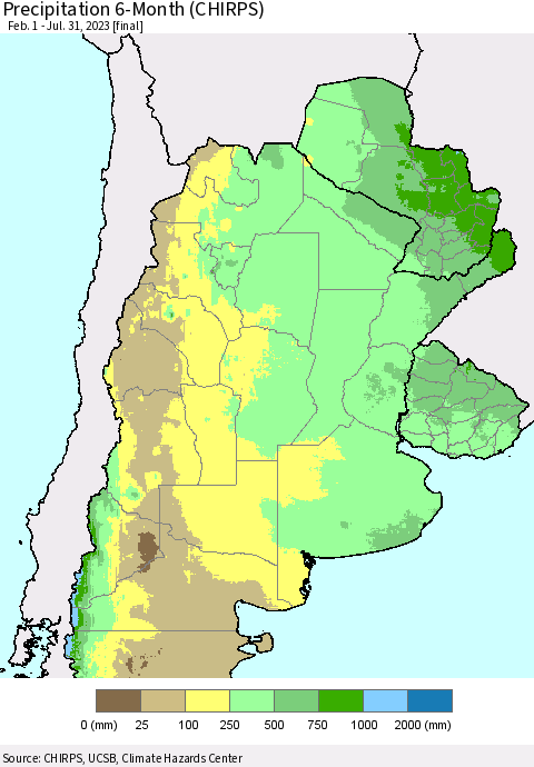 Southern South America Precipitation 6-Month (CHIRPS) Thematic Map For 2/1/2023 - 7/31/2023