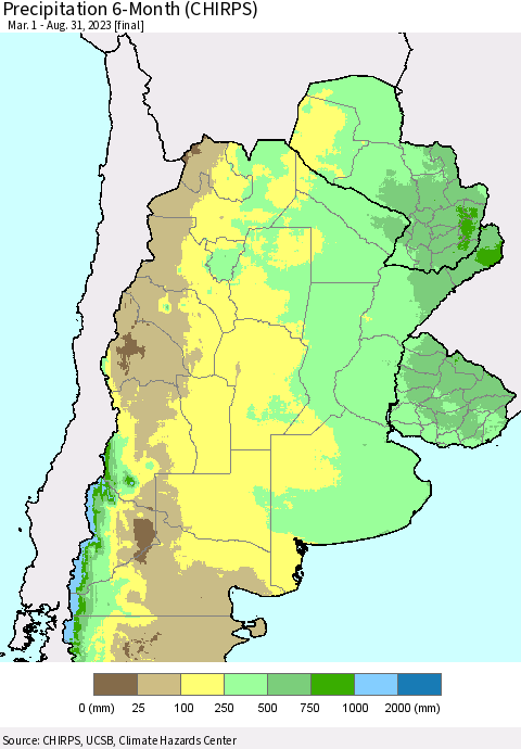 Southern South America Precipitation 6-Month (CHIRPS) Thematic Map For 3/1/2023 - 8/31/2023