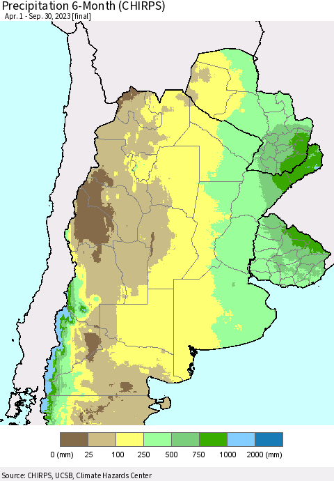 Southern South America Precipitation 6-Month (CHIRPS) Thematic Map For 4/1/2023 - 9/30/2023