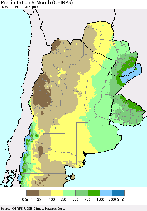 Southern South America Precipitation 6-Month (CHIRPS) Thematic Map For 5/1/2023 - 10/31/2023