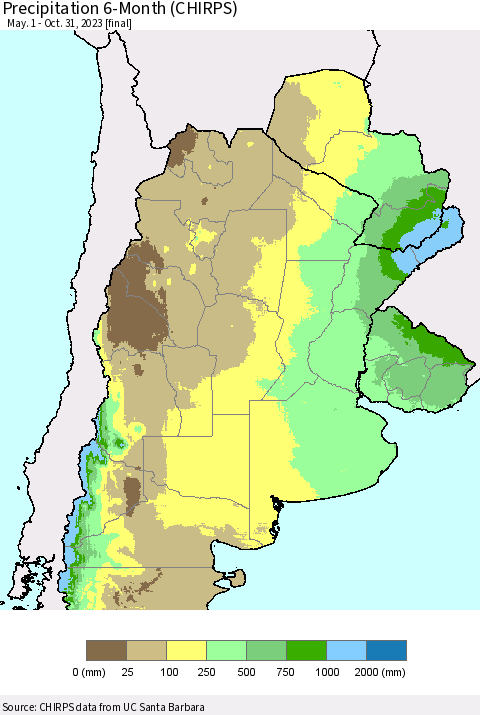 Southern South America Precipitation 6-Month (CHIRPS) Thematic Map For 5/1/2023 - 10/31/2023