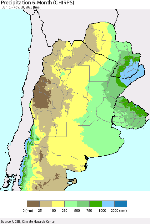 Southern South America Precipitation 6-Month (CHIRPS) Thematic Map For 6/1/2023 - 11/30/2023
