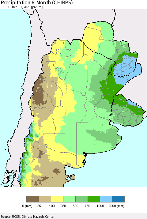Southern South America Precipitation 6-Month (CHIRPS) Thematic Map For 7/1/2023 - 12/31/2023