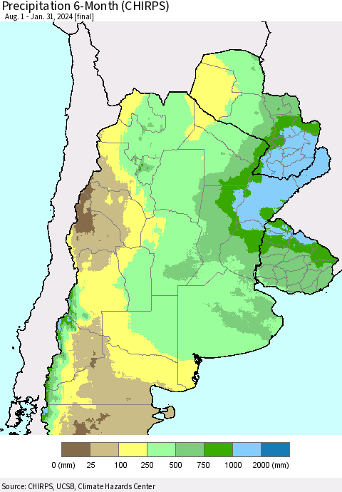 Southern South America Precipitation 6-Month (CHIRPS) Thematic Map For 8/1/2023 - 1/31/2024