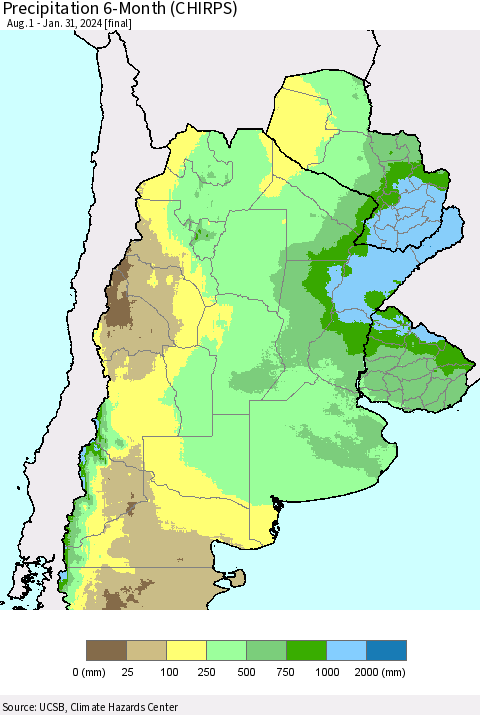 Southern South America Precipitation 6-Month (CHIRPS) Thematic Map For 8/1/2023 - 1/31/2024