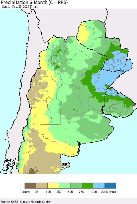 Southern South America Precipitation 6-Month (CHIRPS) Thematic Map For 9/1/2023 - 2/29/2024