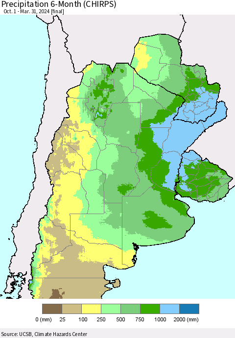 Southern South America Precipitation 6-Month (CHIRPS) Thematic Map For 10/1/2023 - 3/31/2024