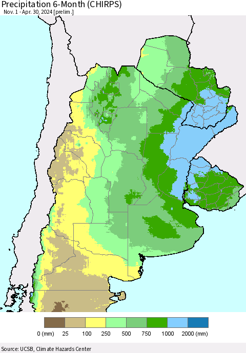 Southern South America Precipitation 6-Month (CHIRPS) Thematic Map For 11/1/2023 - 4/30/2024