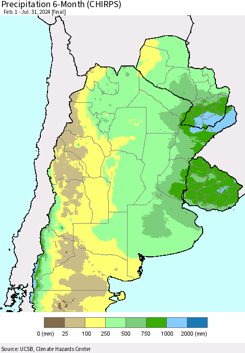 Southern South America Precipitation 6-Month (CHIRPS) Thematic Map For 2/1/2024 - 7/31/2024