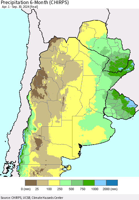 Southern South America Precipitation 6-Month (CHIRPS) Thematic Map For 4/1/2024 - 9/30/2024