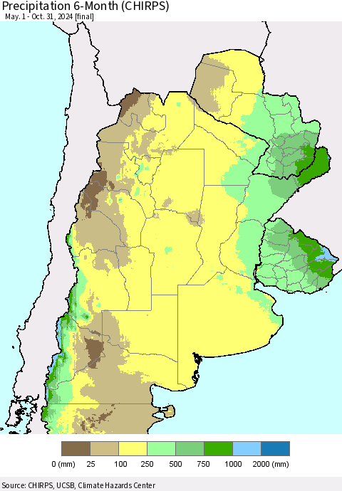 Southern South America Precipitation 6-Month (CHIRPS) Thematic Map For 5/1/2024 - 10/31/2024