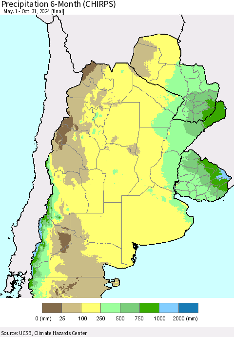 Southern South America Precipitation 6-Month (CHIRPS) Thematic Map For 5/1/2024 - 10/31/2024