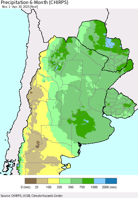 Southern South America Precipitation 6-Month (CHIRPS) Thematic Map For 11/1/2024 - 4/30/2025