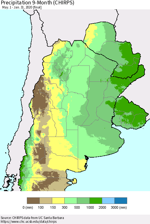 Southern South America Precipitation 9-Month (CHIRPS) Thematic Map For 5/1/2019 - 1/31/2020