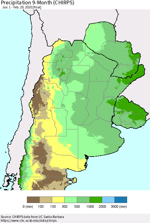 Southern South America Precipitation 9-Month (CHIRPS) Thematic Map For 6/1/2019 - 2/29/2020