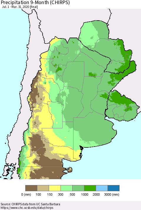 Southern South America Precipitation 9-Month (CHIRPS) Thematic Map For 7/1/2019 - 3/31/2020