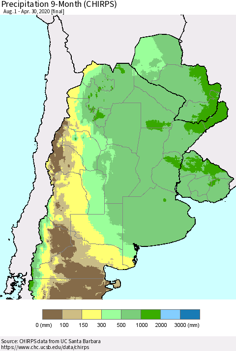 Southern South America Precipitation 9-Month (CHIRPS) Thematic Map For 8/1/2019 - 4/30/2020