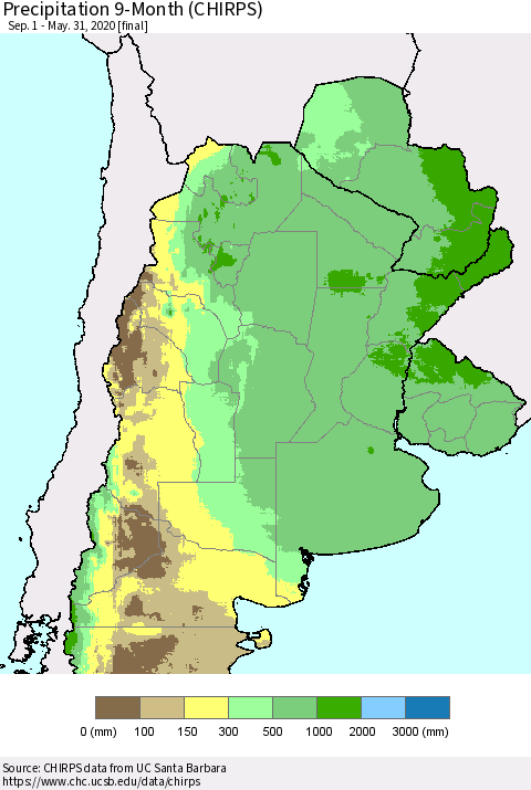 Southern South America Precipitation 9-Month (CHIRPS) Thematic Map For 9/1/2019 - 5/31/2020