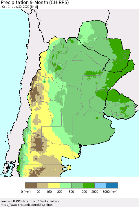 Southern South America Precipitation 9-Month (CHIRPS) Thematic Map For 10/1/2019 - 6/30/2020