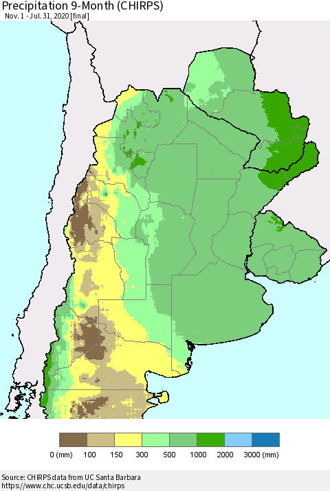 Southern South America Precipitation 9-Month (CHIRPS) Thematic Map For 11/1/2019 - 7/31/2020