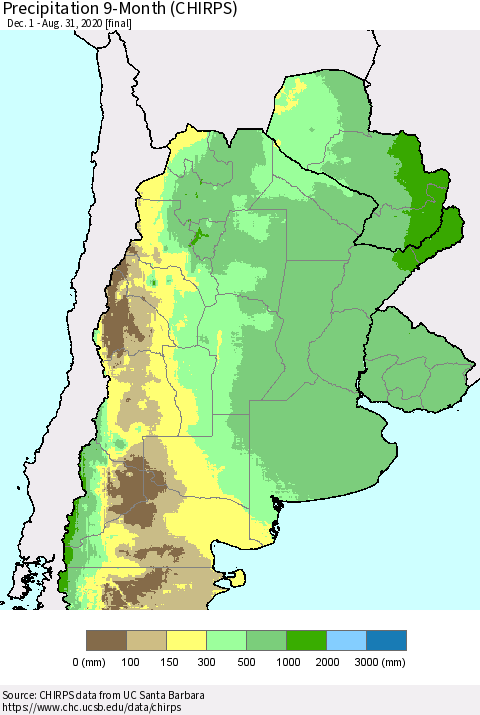 Southern South America Precipitation 9-Month (CHIRPS) Thematic Map For 12/1/2019 - 8/31/2020