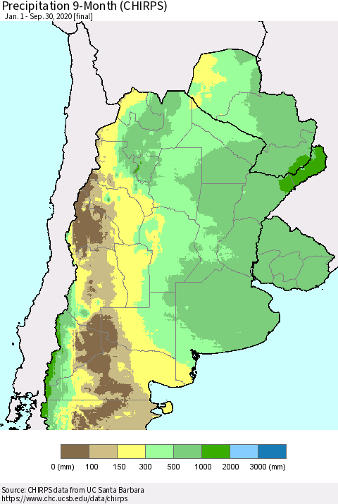 Southern South America Precipitation 9-Month (CHIRPS) Thematic Map For 1/1/2020 - 9/30/2020