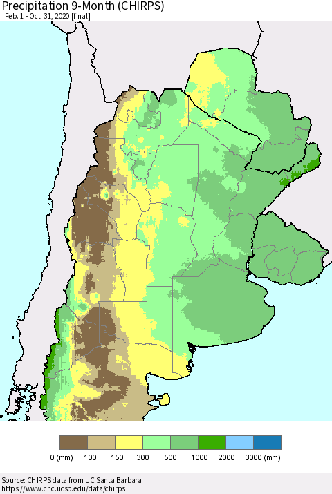 Southern South America Precipitation 9-Month (CHIRPS) Thematic Map For 2/1/2020 - 10/31/2020