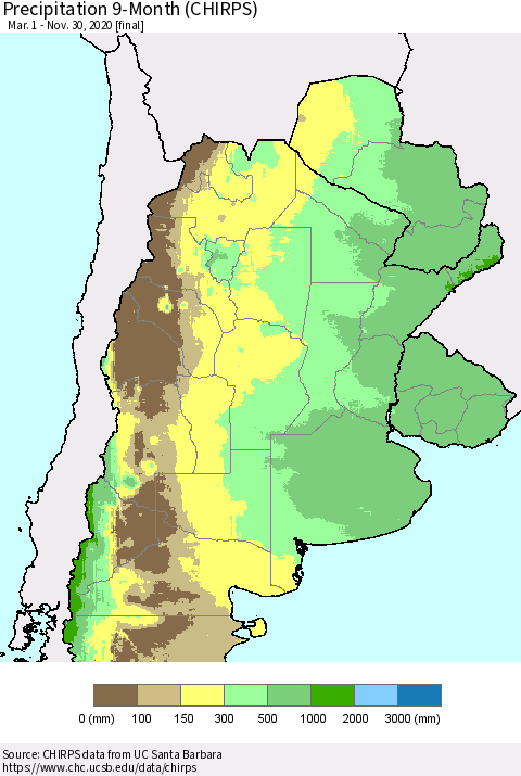 Southern South America Precipitation 9-Month (CHIRPS) Thematic Map For 3/1/2020 - 11/30/2020