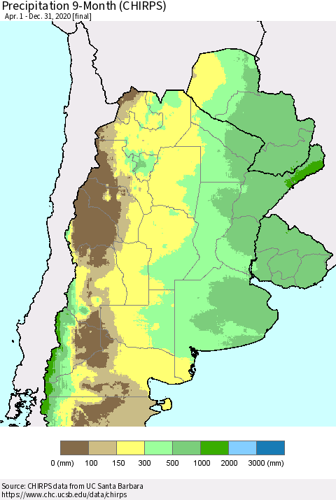 Southern South America Precipitation 9-Month (CHIRPS) Thematic Map For 4/1/2020 - 12/31/2020