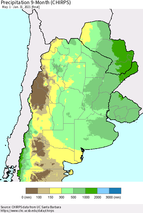 Southern South America Precipitation 9-Month (CHIRPS) Thematic Map For 5/1/2020 - 1/31/2021