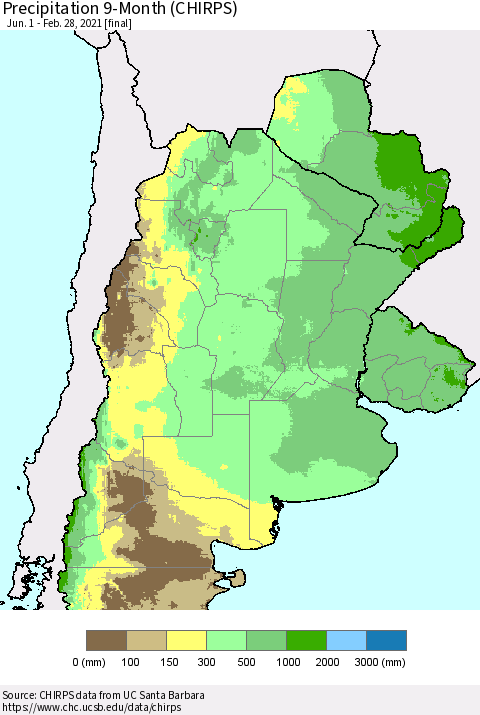 Southern South America Precipitation 9-Month (CHIRPS) Thematic Map For 6/1/2020 - 2/28/2021