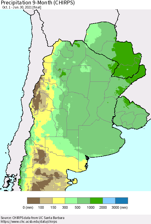 Southern South America Precipitation 9-Month (CHIRPS) Thematic Map For 10/1/2020 - 6/30/2021