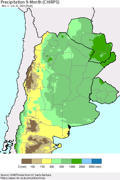 Southern South America Precipitation 9-Month (CHIRPS) Thematic Map For 11/1/2020 - 7/31/2021