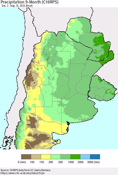 Southern South America Precipitation 9-Month (CHIRPS) Thematic Map For 12/1/2020 - 8/31/2021