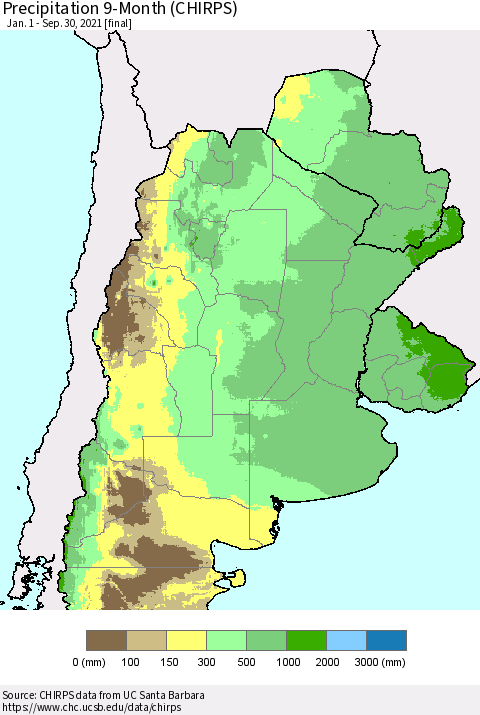 Southern South America Precipitation 9-Month (CHIRPS) Thematic Map For 1/1/2021 - 9/30/2021